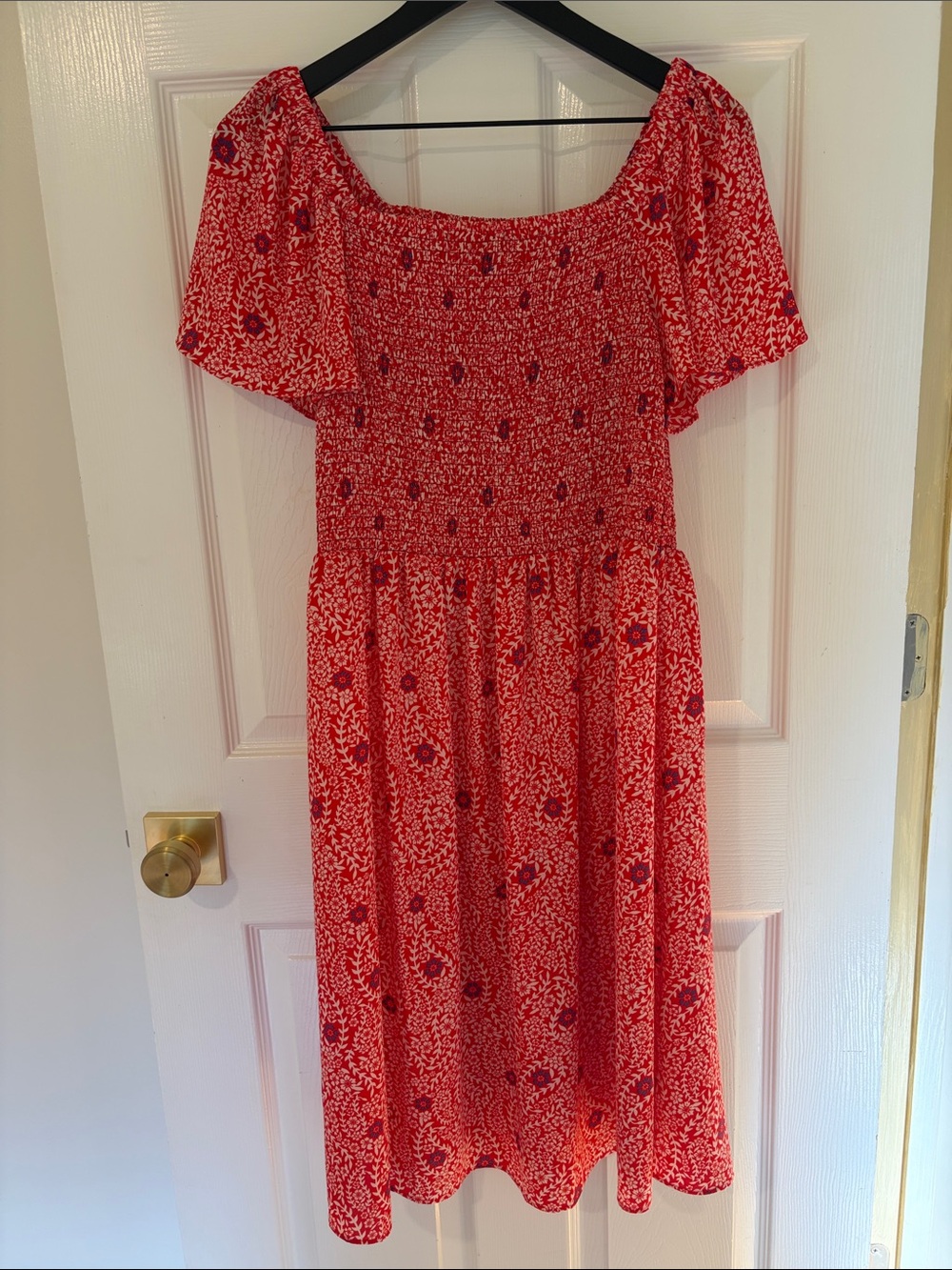 Talbots | Red Floral Flutter Sleeve Smocked Bodice Midi Dress | Size Medium